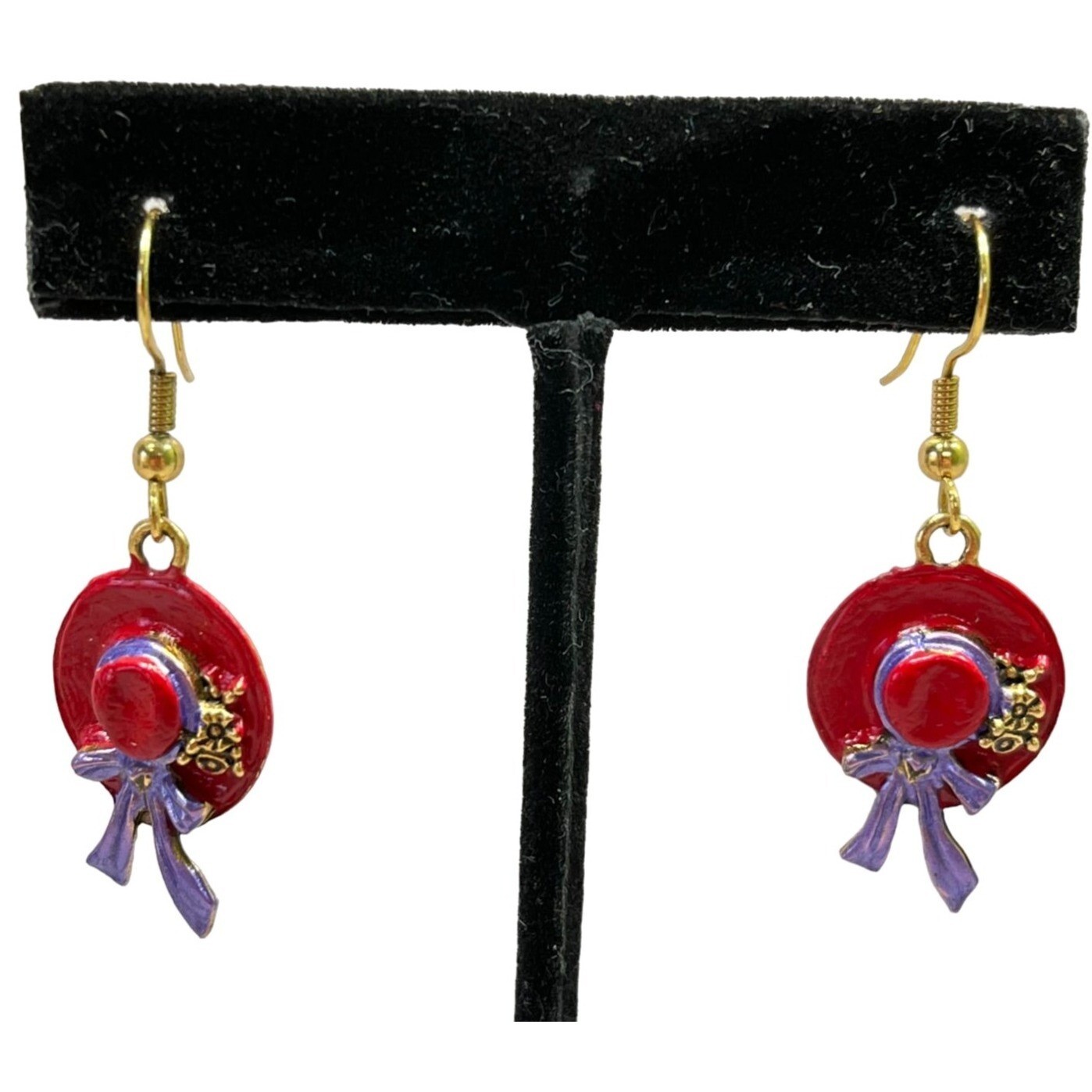 Red Fancy Hat Dangle Earrings Purple Ribbon Sun Hat Vintage Gold Tone 1 Inch