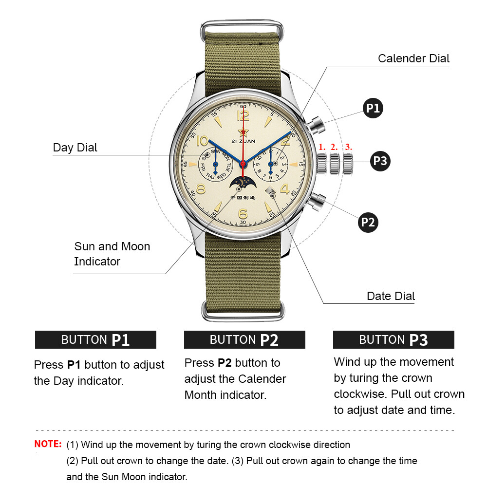 RED STAR SEAGULL ST1654 Daily Calendar Sun Moon Dial Automatic Watch 50M 316L