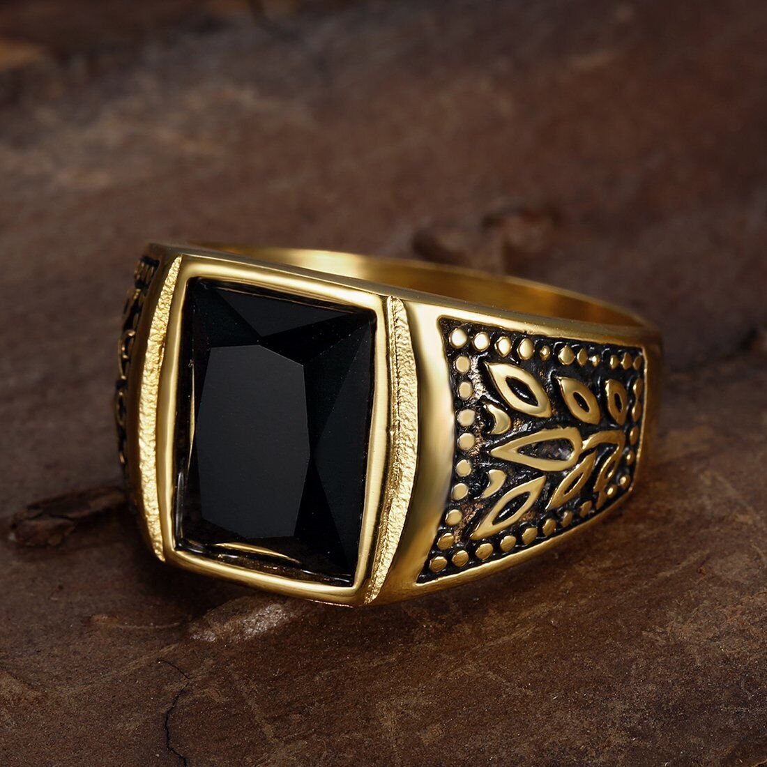 MENDEL Mens Gold Plated Stainless Steel Black Obsidian Stone Ring Men Size 7-15