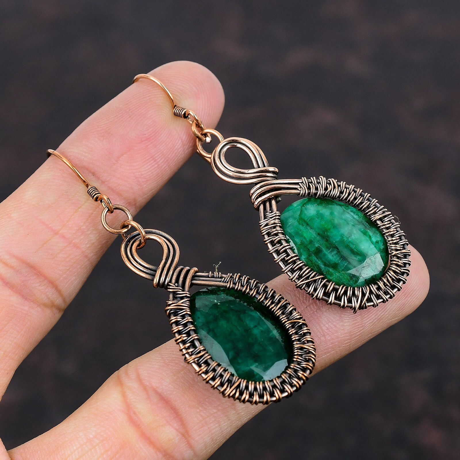 Faceted Zambian Emrald Copper Jewelry Wire Wrapped Drop/Dangle Earrings 2.56″