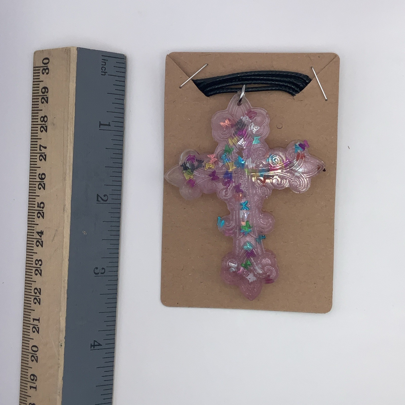 House Of David Handmade Cross Necklace Pink Butterflies