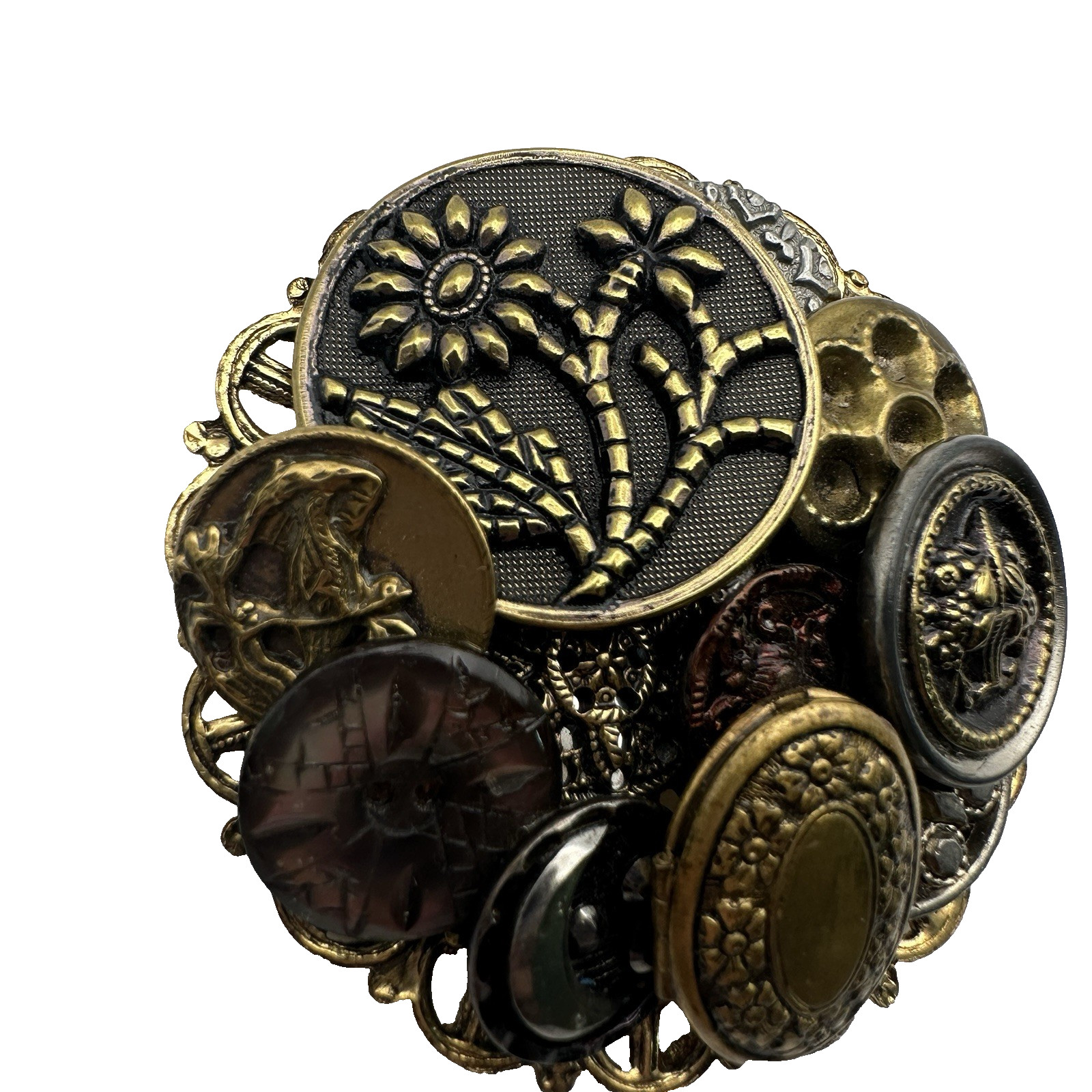 Victorian Steampunk Gothic Button Collage Assemblage Cluster Brooch Locket Pin