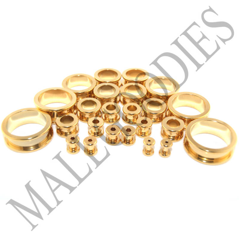 V012 Surgical Steel Gold Screw-on/fit Flesh Tunnels Earlets Ear Plugs 10G to 2″