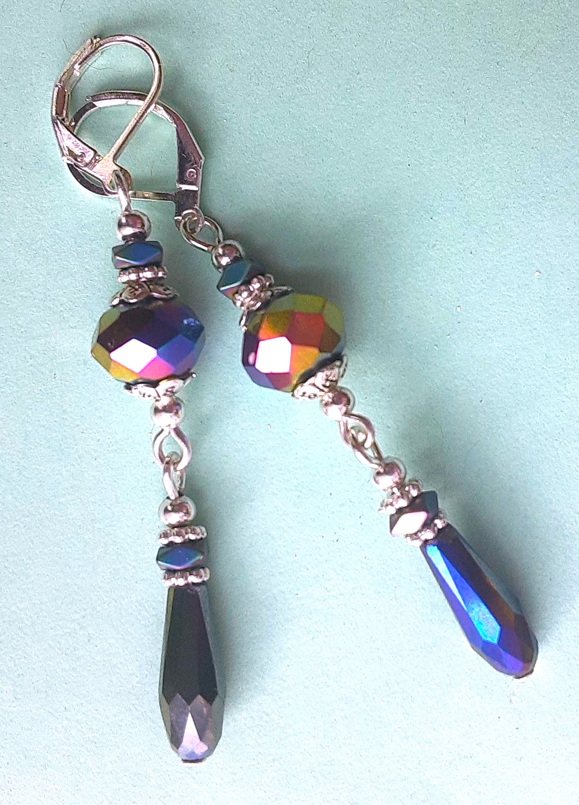 RAINBOW Crystal dangle earring SP LEVERBACK handmade #DMX