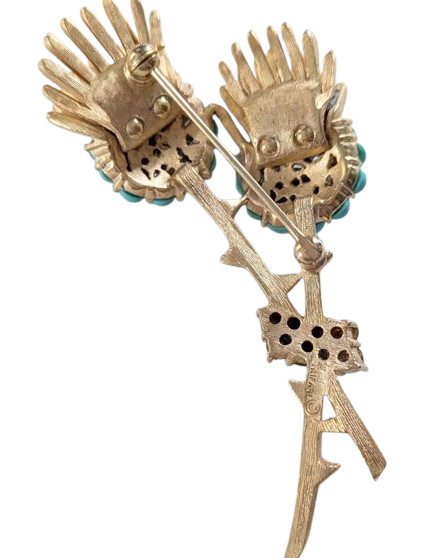 Crown Trifari Vintage Thistle Brooch & Earrings Set Turquoise 2.8in Auth
