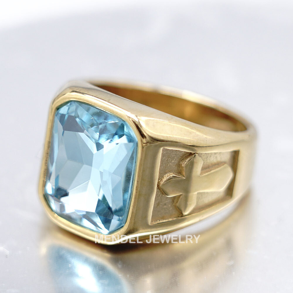 MENDEL Mens Gold Plated Cross Blue Aquamarine Stone Ring Men S-Steel Size 7-15