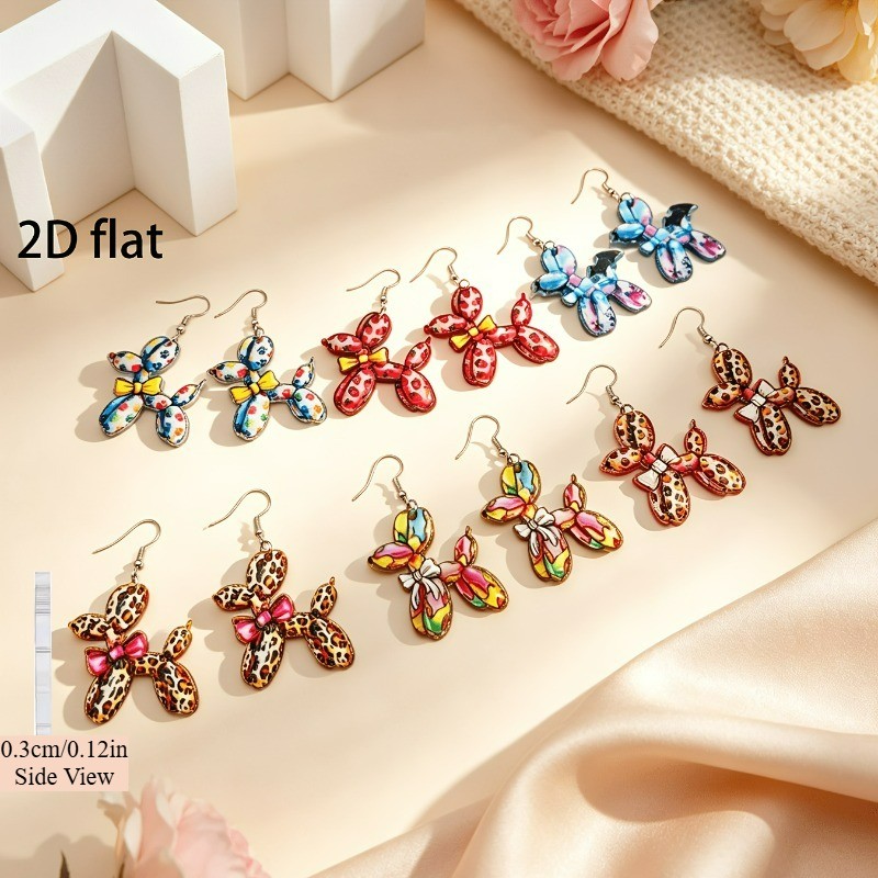 6 Pairs of Acrylic Colorful Printed Balloon Dog-shaped Bow Pendant Earrings