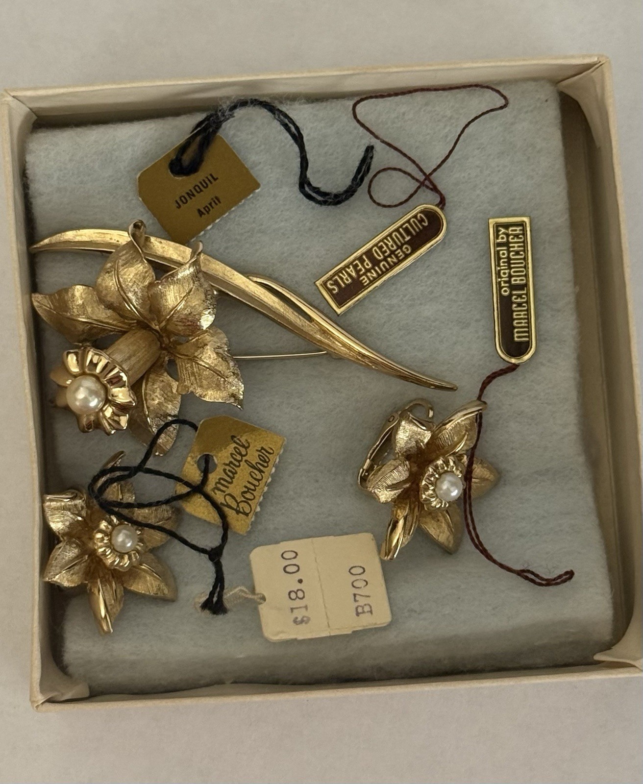 Vintage 1964 Marcel Boucher Jonquil Daffodil Brooch Earring Set Box Tags 8692