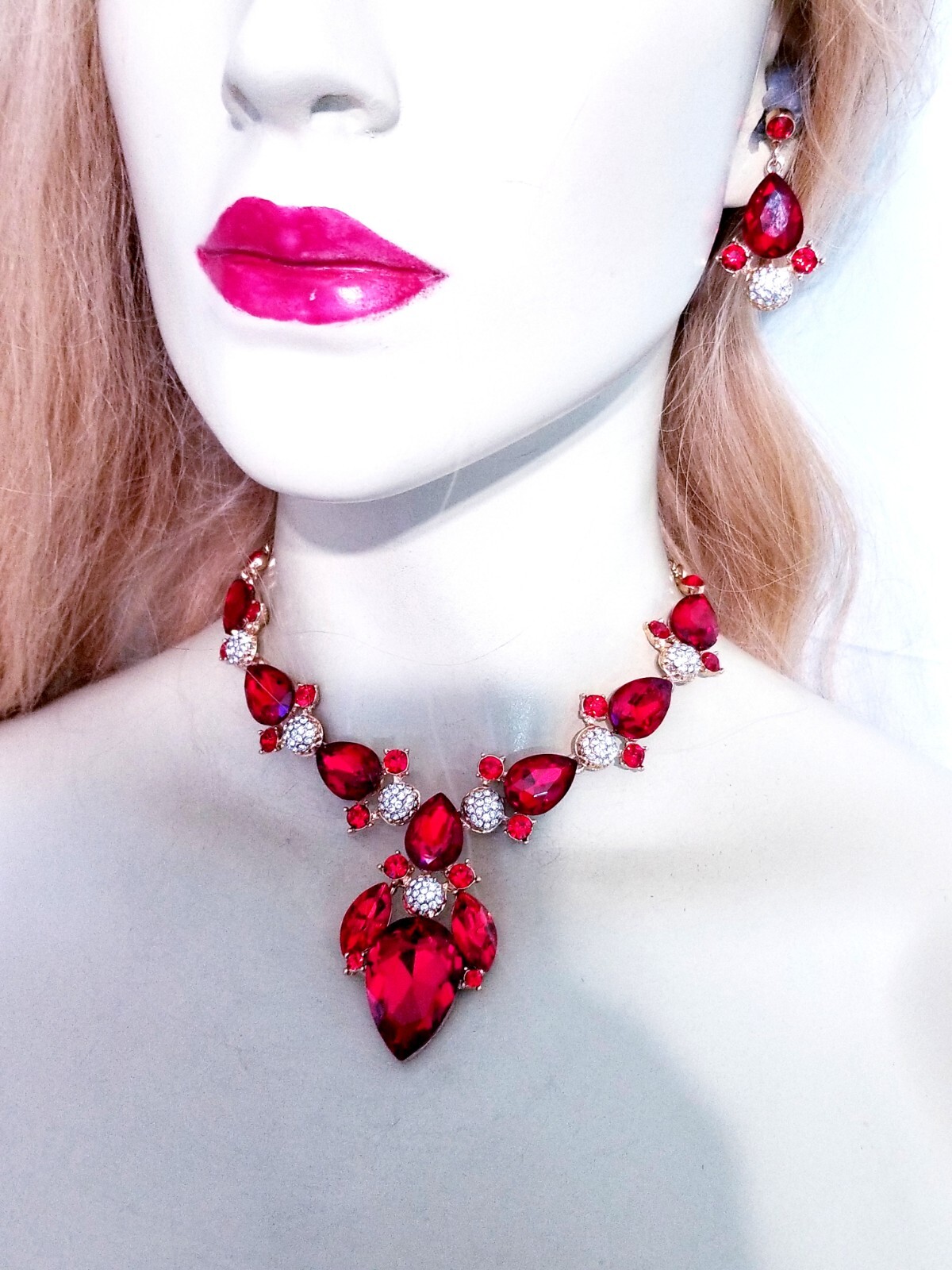 Red Crystal Choker Rhinestone Necklace Earring Set Bridal Prom Pageant