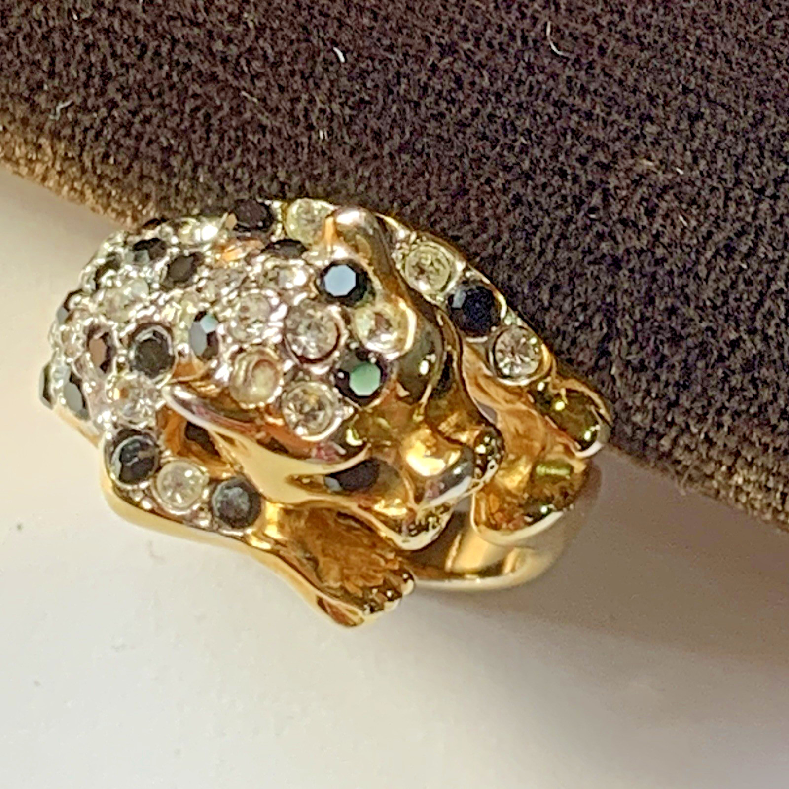 Leopard Jaguar Cat Cocktail Wrap Ring size 5 Gold Tone w rhinestones *READ