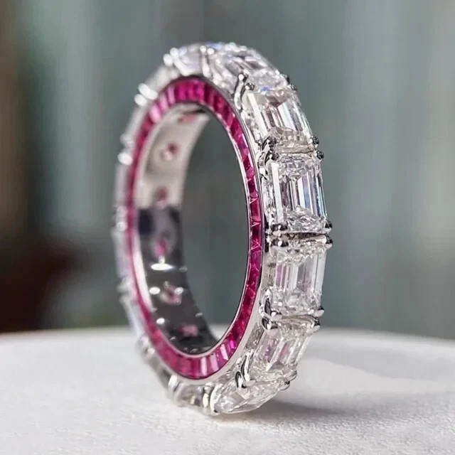 3Ct Emerald Cut Moissanite Full Eternity Engagement Ring 14K White Gold Plated