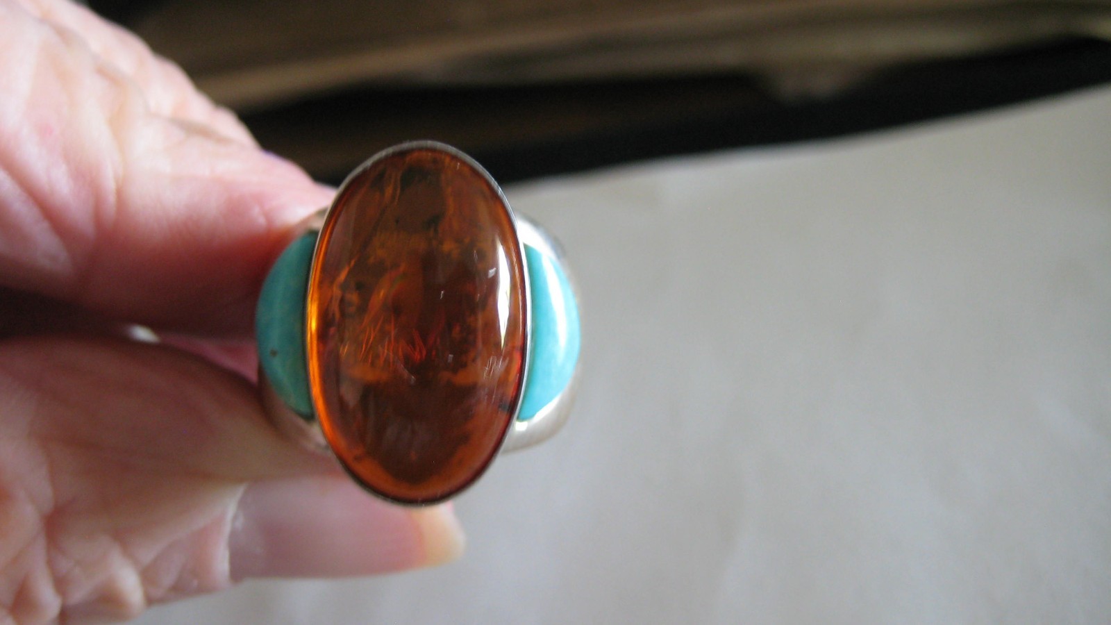 NICE JAY KING/DTR STERLING SILVER TURQUOISE & AMBER RING, SZ 8