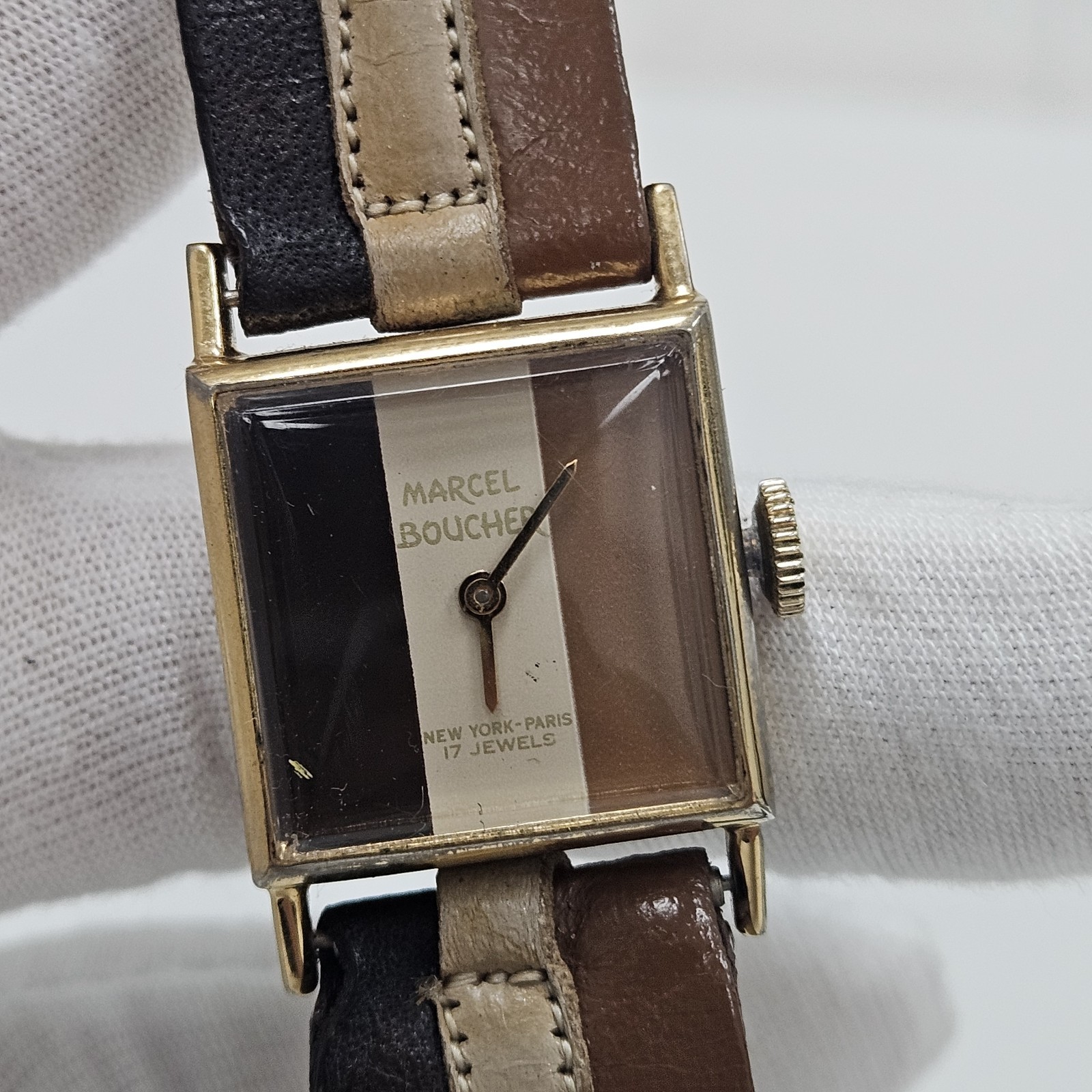 Vintage Marcel Boucher Brown Black & White Manual Wind 17J Unisex Watch Rare