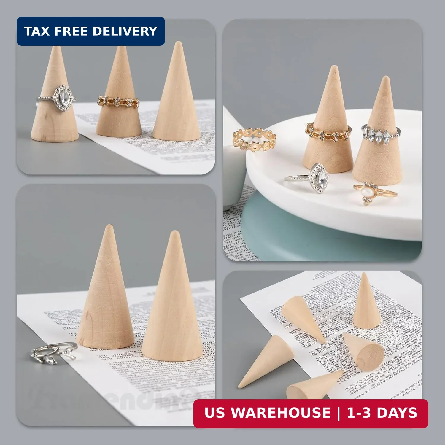 10 Pack Natural Wood Cone Ring HolderJewelry Display Stand Organizer DIY Craft