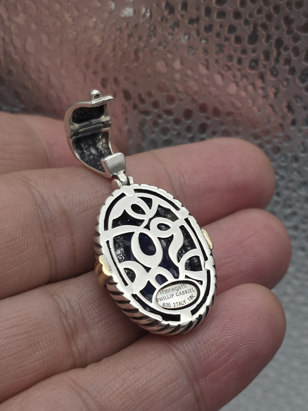 PHILLIP GABRIEL MENEGATTI 18K GOLD STERLING SILVER BLUE WOMAN GLASS PENDANT