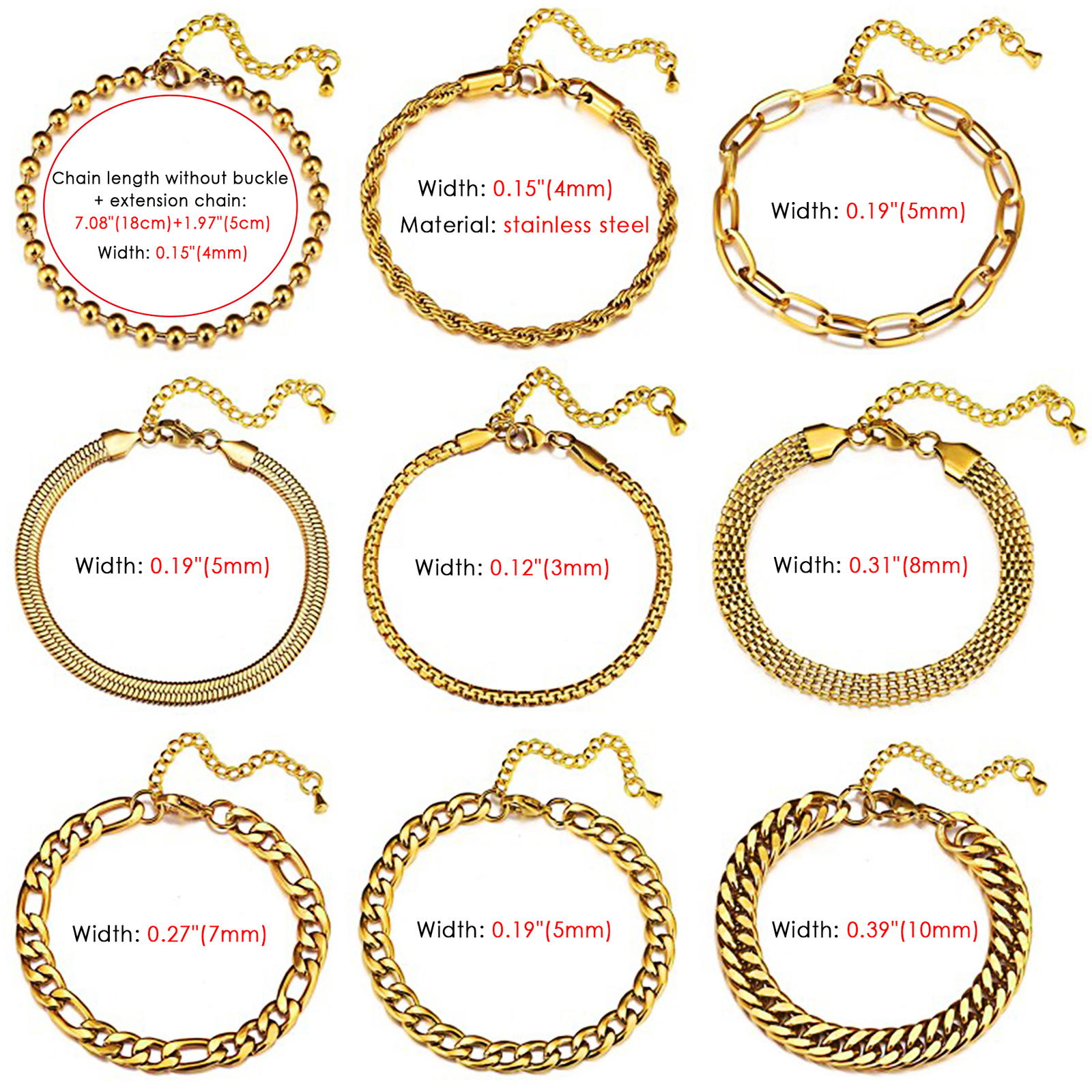 9pcs Men Women Mix Twisted Cuban Chain Stainless Steel Bracelet Adjustable 7″-9″