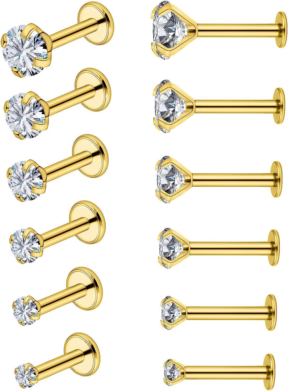 3 pc 20g 18g 16g Push Threadless Gold Steel Nose Stud Labret Tragus Lip Ear Ring