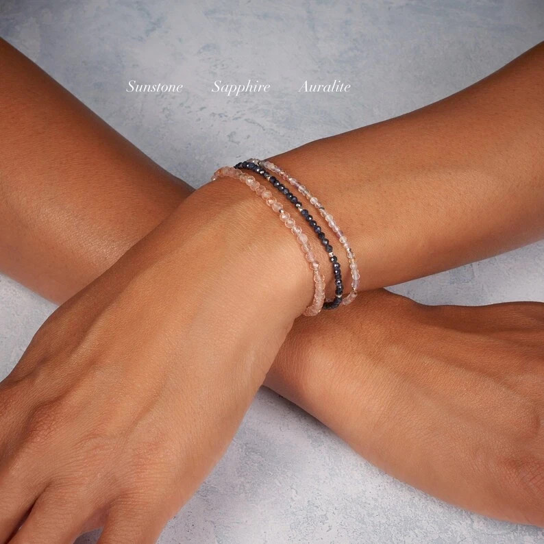 2mm Blue Sapphire Gemstone Beads Delicate Minimalist Healing Woman Bracelet Gift