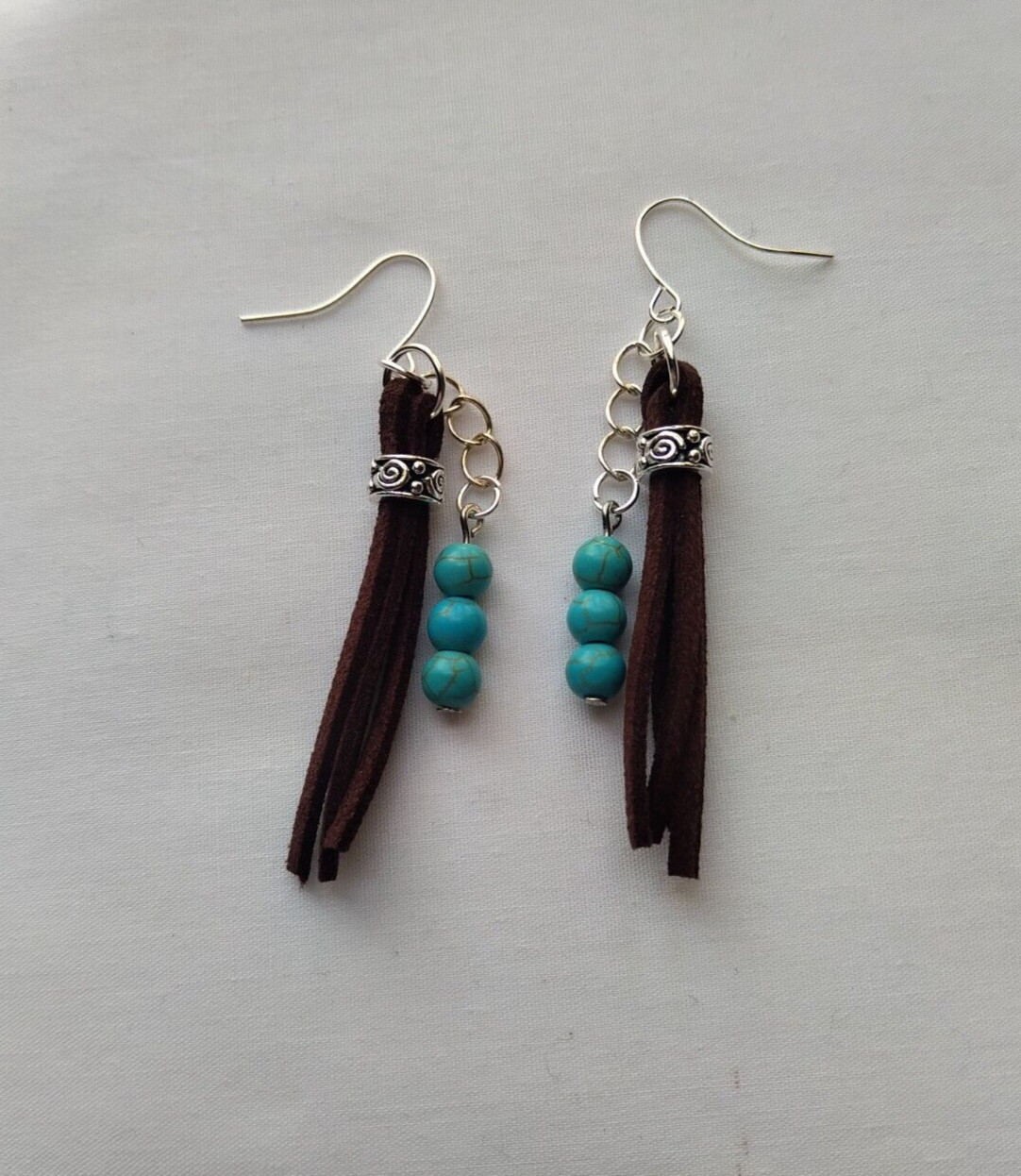 Suede Fringe Tassel Earrings Turquoise Blue Howlite Stone Bead Handmade Cowboy