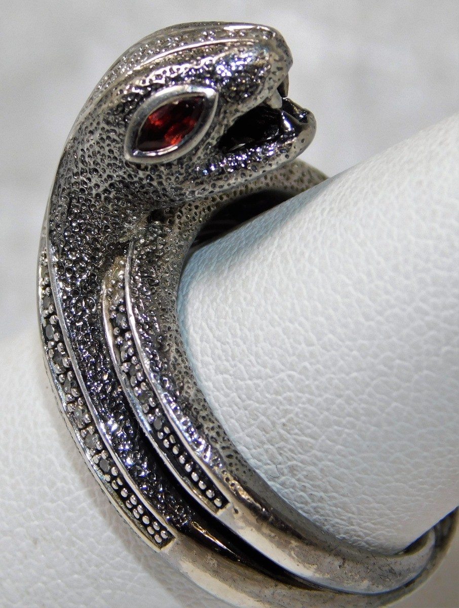 VTG CUSTOM DIAMOND GARNET SNAKE SERPENT STERLING SILVER SIGNED RING sz 9 1/2