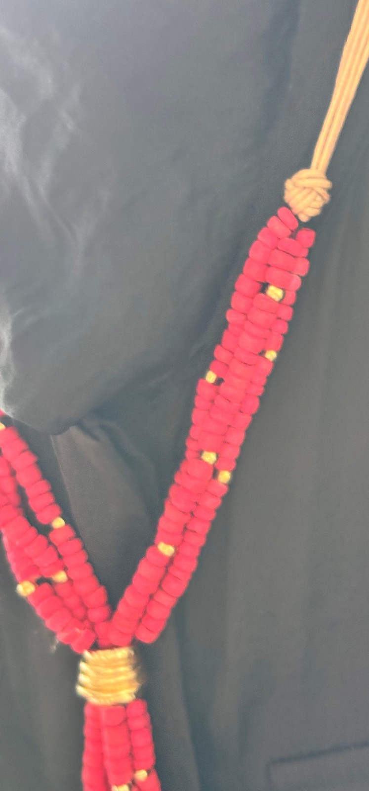 CHICO’S Statement Necklace Wood beads Blood Orange & Matte Gold Y-Drop Style