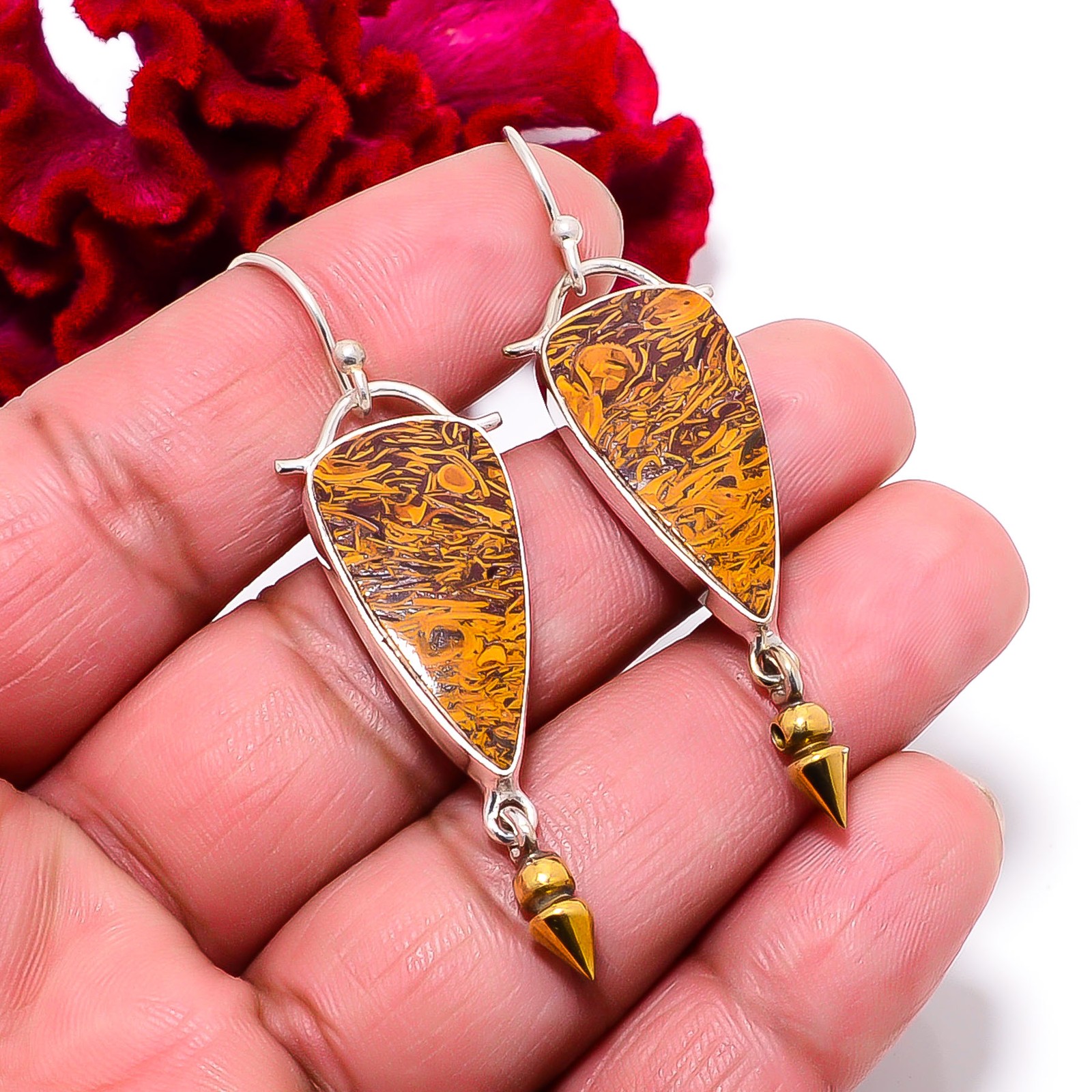 Natural Mariam Jasper 925 Sterling Silver Two Tone Arrow Head Earring 2.34″ E945