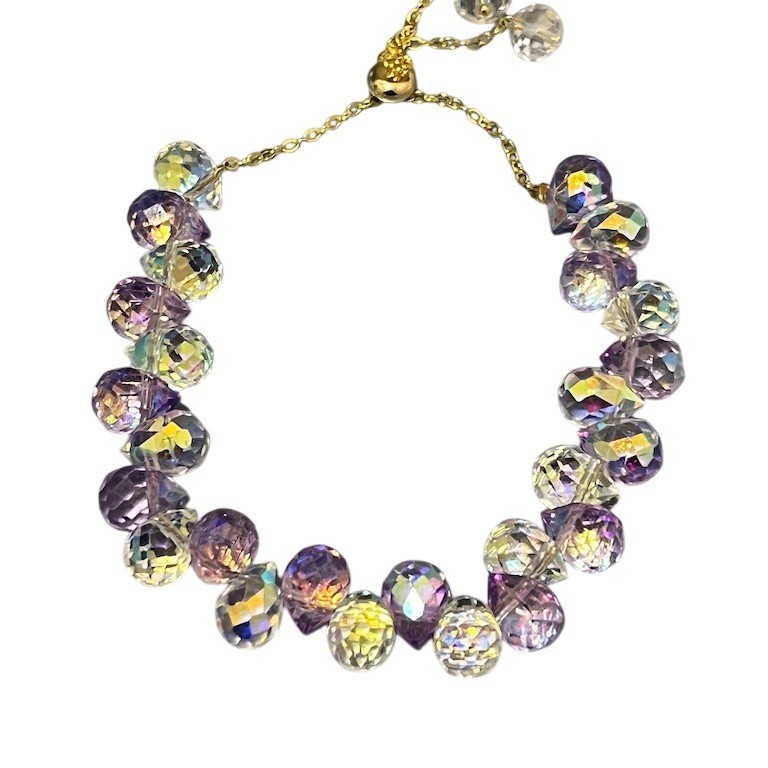 Adjustable Slider Glass Bracelet Purple Faceted Crystal Teardrop Gift Evening