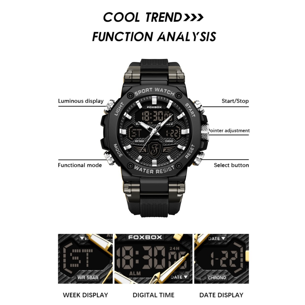 Men Watch Big Dial Quartz Digital Analog Luminous Waterproof Sport Wristwatch