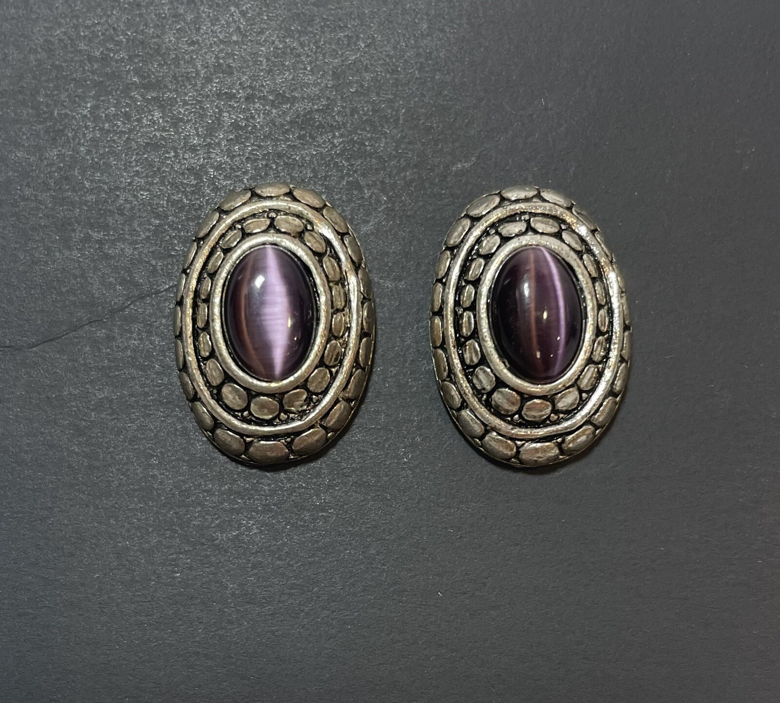 Vintage Pewter And Purple Cats Eye Opal Earrings. Push Back Post. Beautiful!