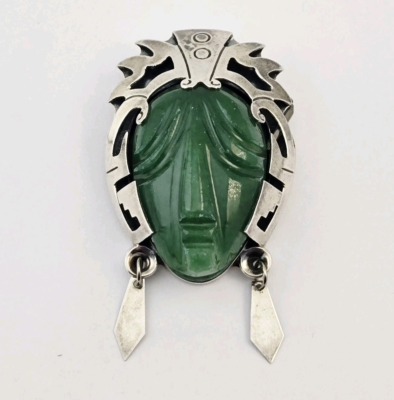 Vintage Taxco 925 Sterling Silver Carved Green Stone Mask Brooch Pin – 36.3g