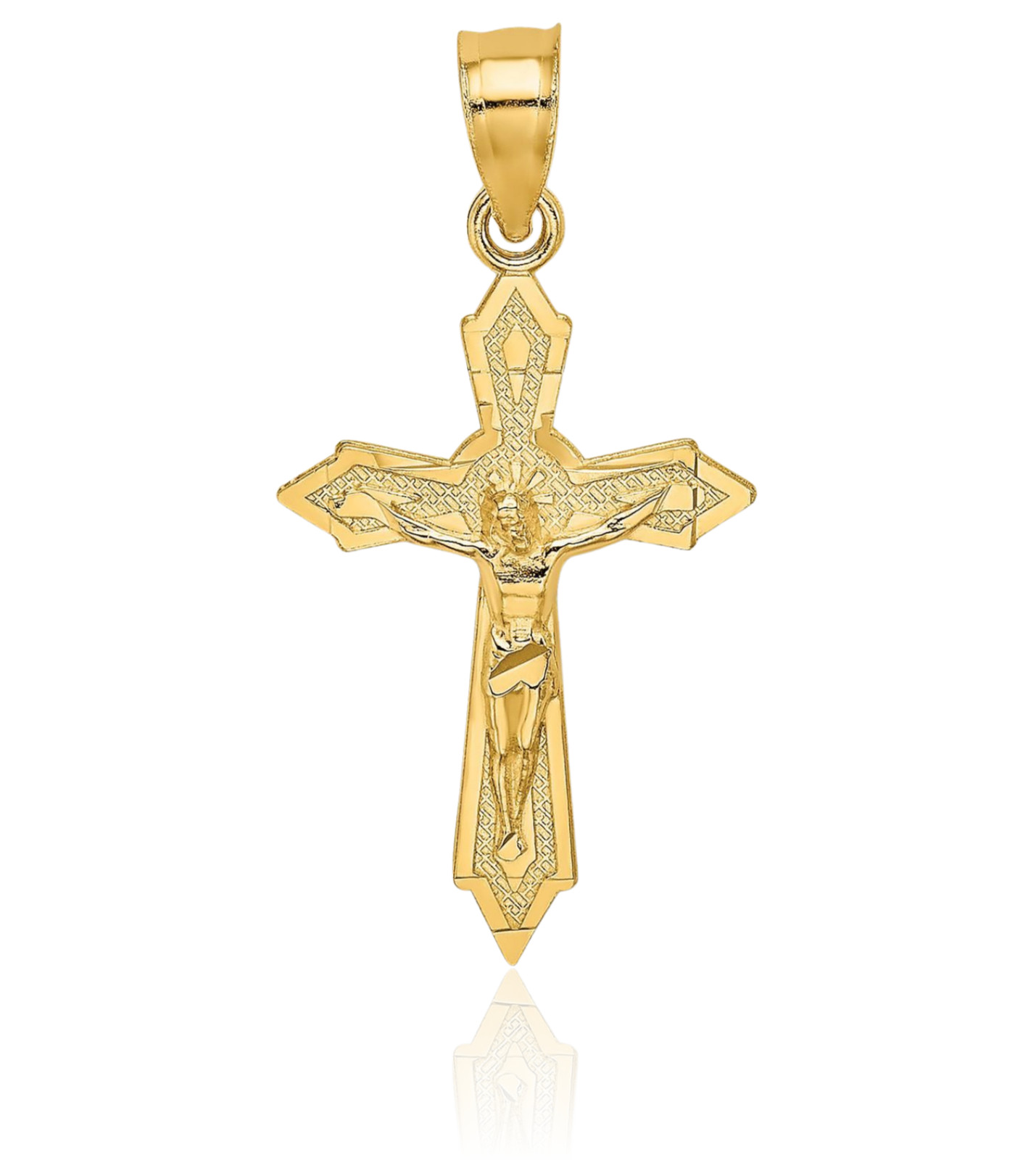 14K Solid Yellow Gold Medium Arrow Jesus Crucifix Cross Pendant Necklace 24.7mm