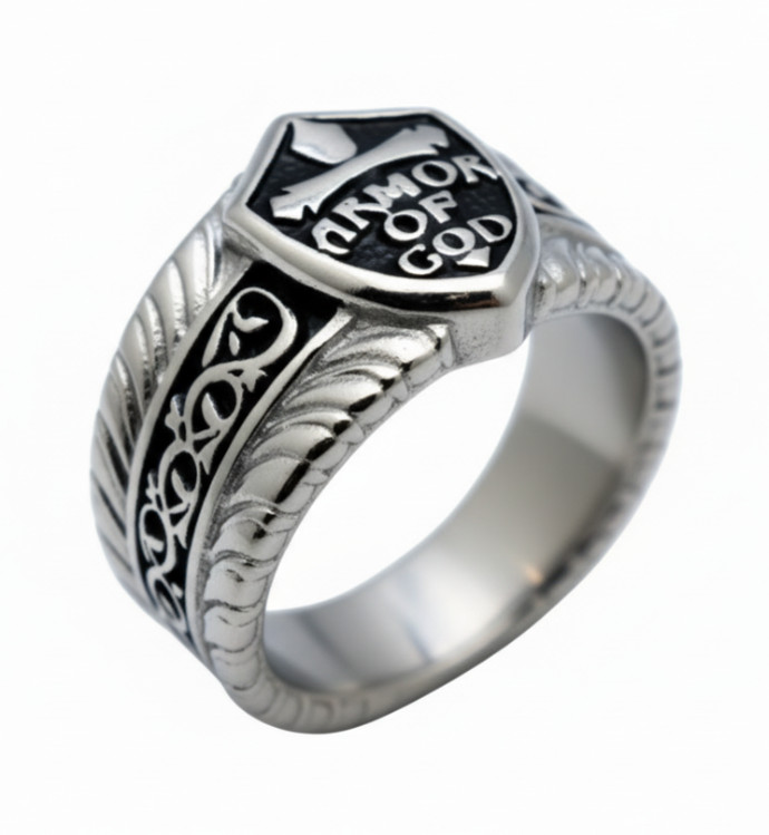Stainless Steel Men’s Armor of God Religious Biker Ring 154