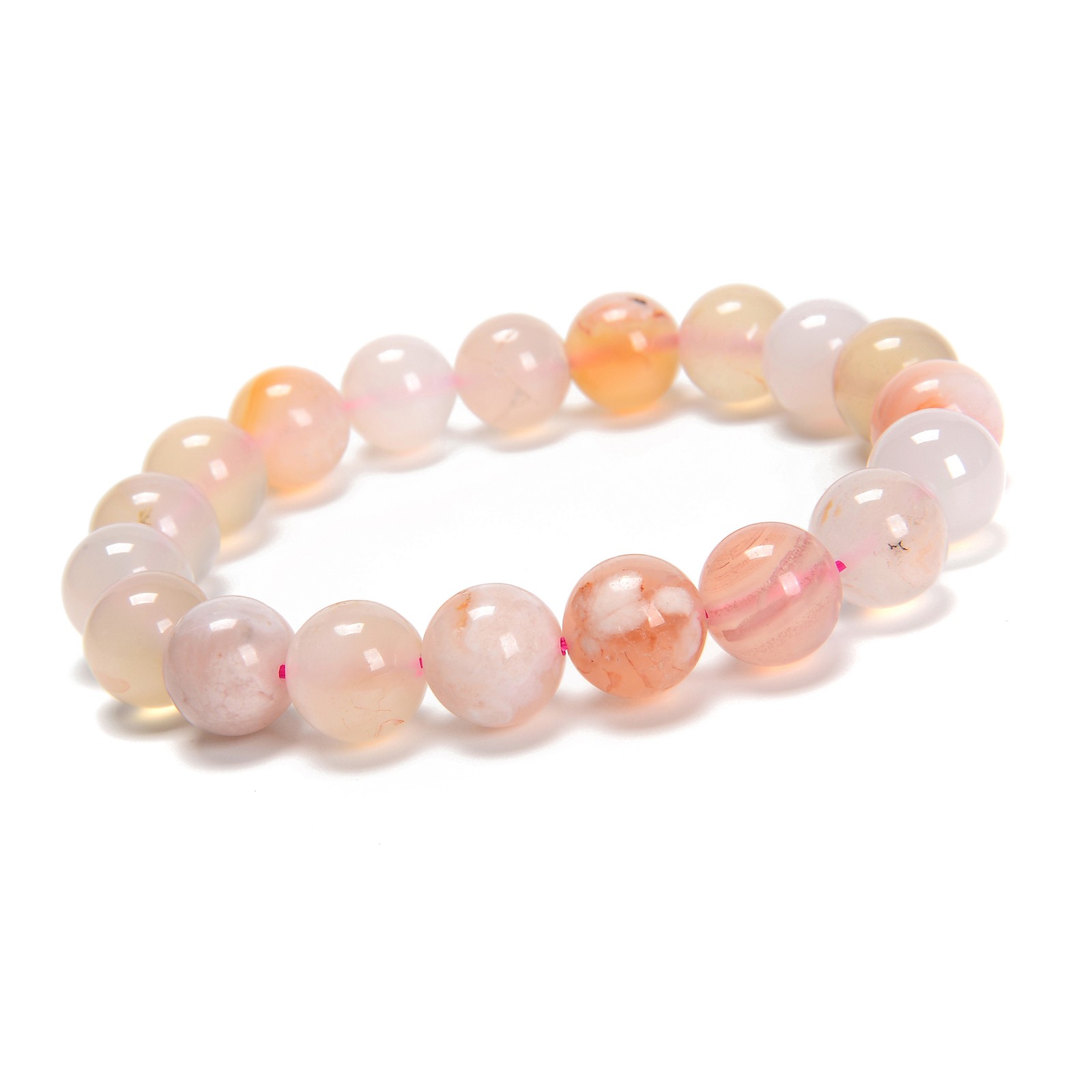 Cherry Flower Sakura Agate Smooth Round Bracelet 10mm 7.5” Length Sold by Piece