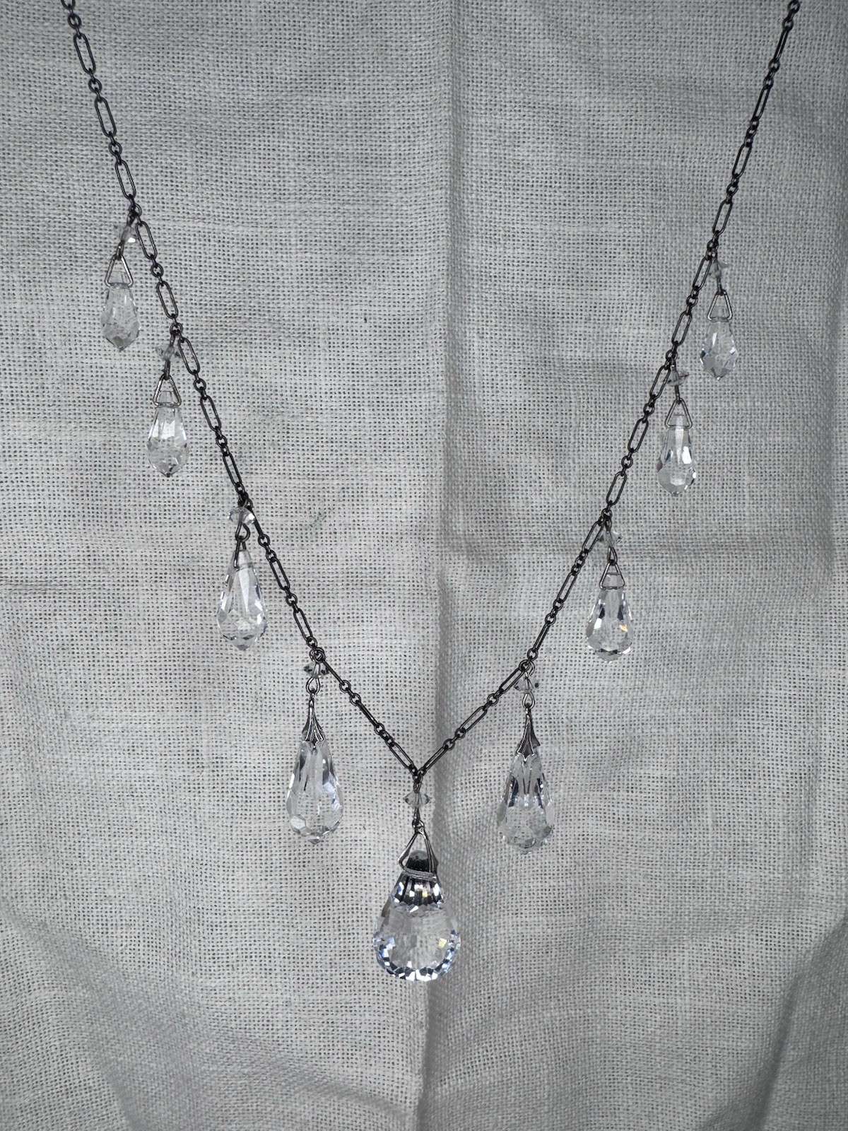 Lucy Isaacs NYC Sterling Silver Long Faceted Crystal Drop Statement Necklace 925