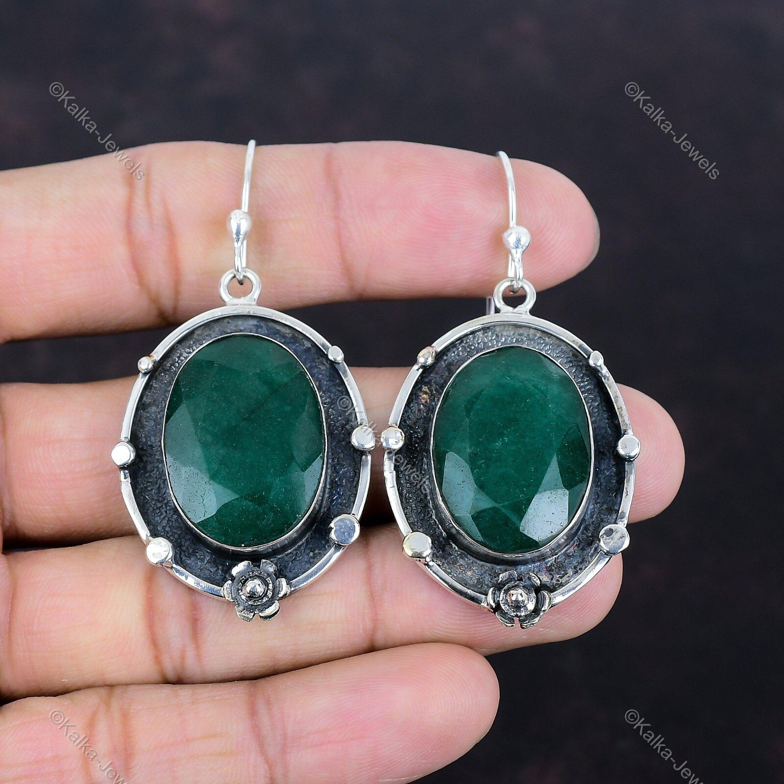 Natural Zambian Emrald Gemstone Drop/Dangle Earrings 925 Silver For Women