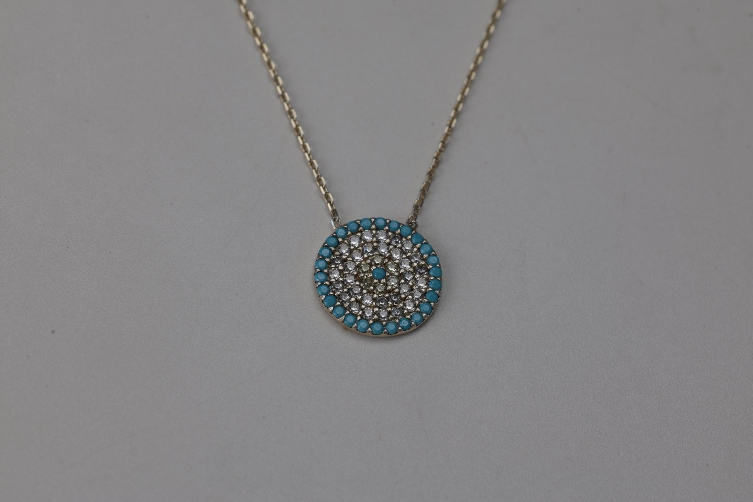 925 Sterling Silver Evil Eye Necklace Turquoise Cubic Zirconia Pave Disc 18