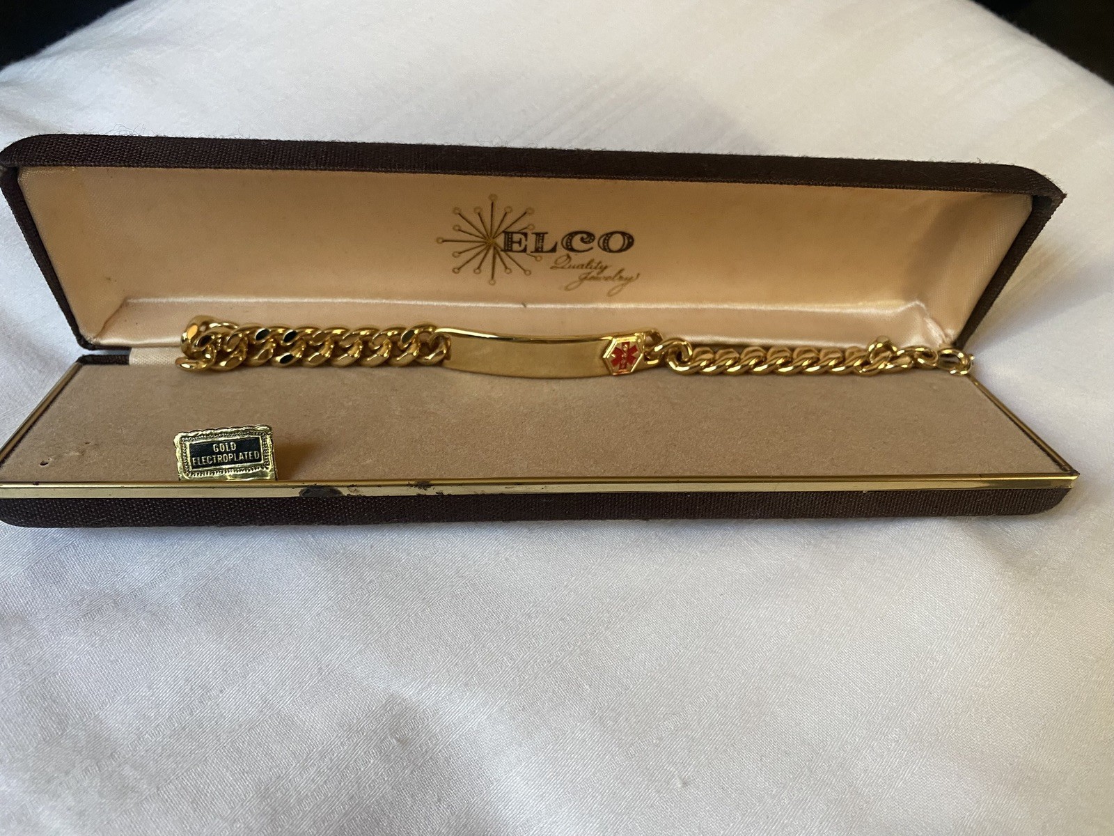 Vintage Elco Medical ID Bracelet Gold Electroplated 7.5”Engraveable Red Caduseus