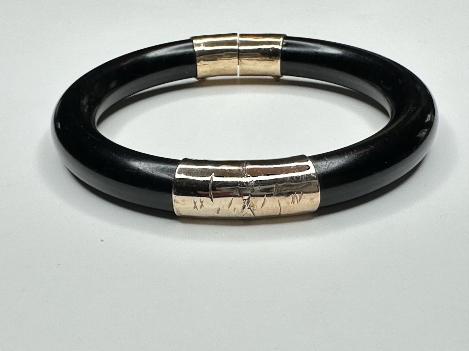 Vintage Black Jade or Onyx Hinged Gold Tone Bangle Bracelet w/ Push Lock /Chain