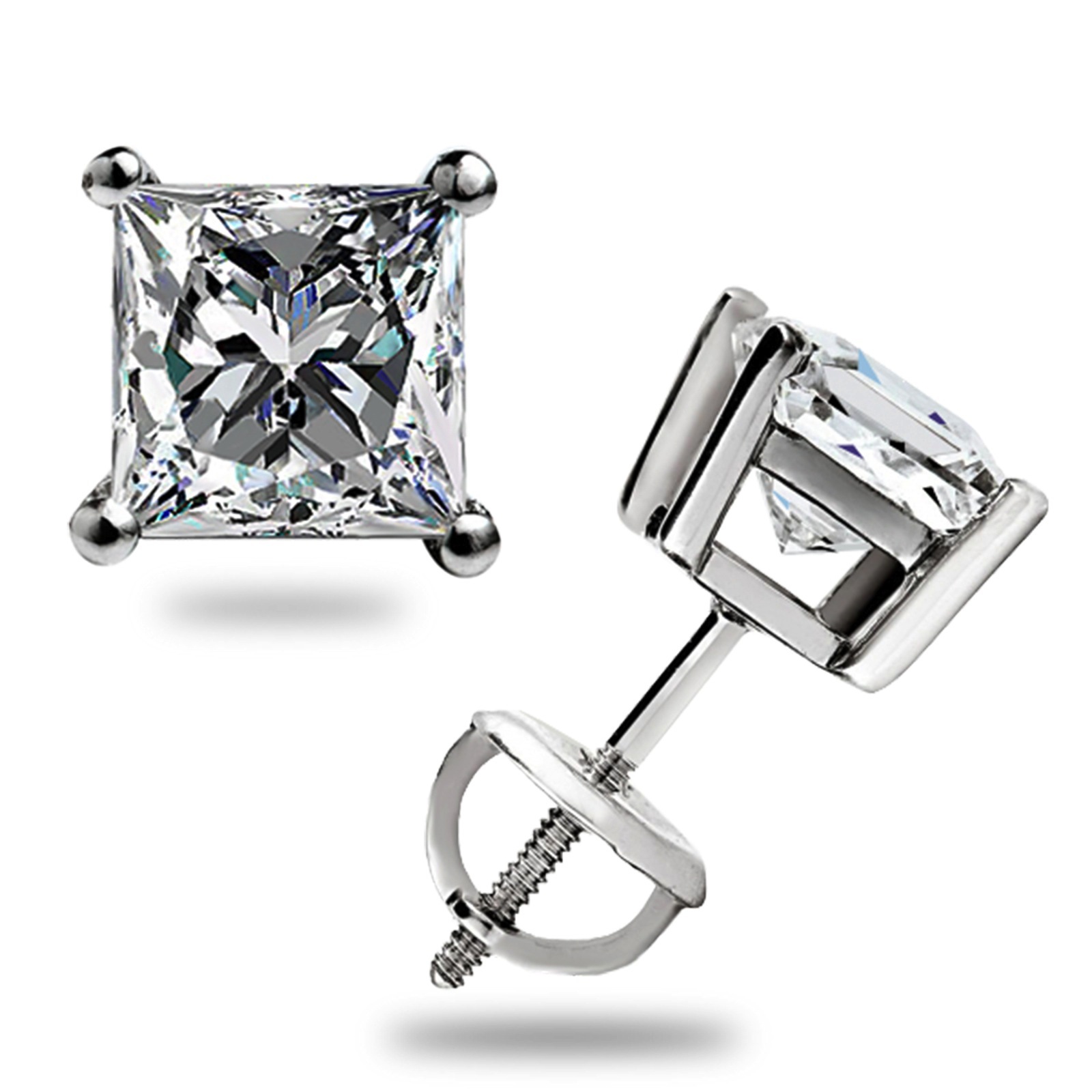 1.55Ct Princess Cut GRA MOISSANITE Studs Earrings 14K White Gold Screw Back Gift