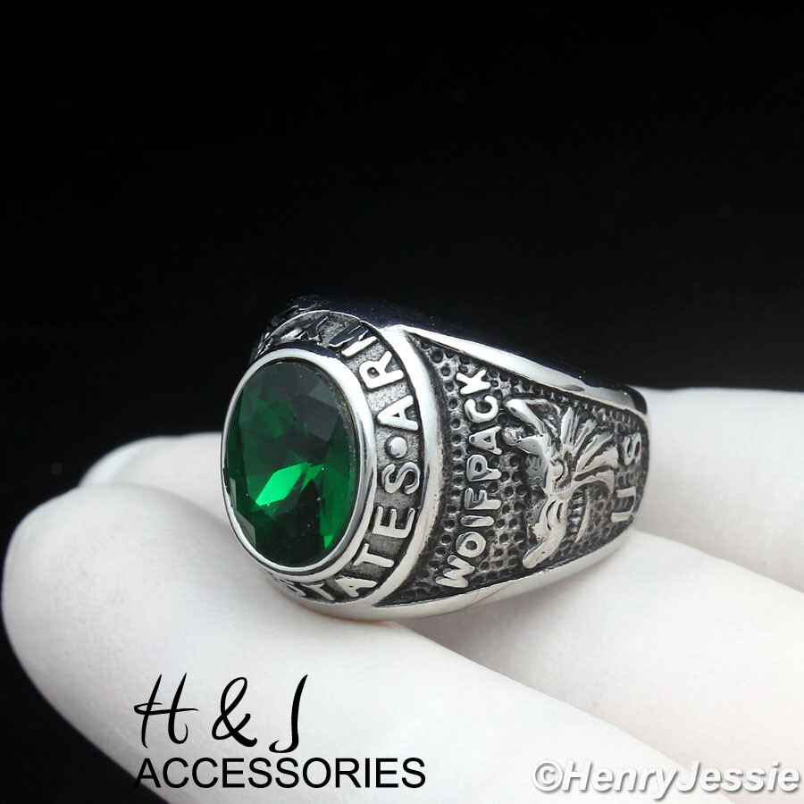 Stainless Steel US Army Military Green Rhinestone Silver/Black Plated Ring*AR100