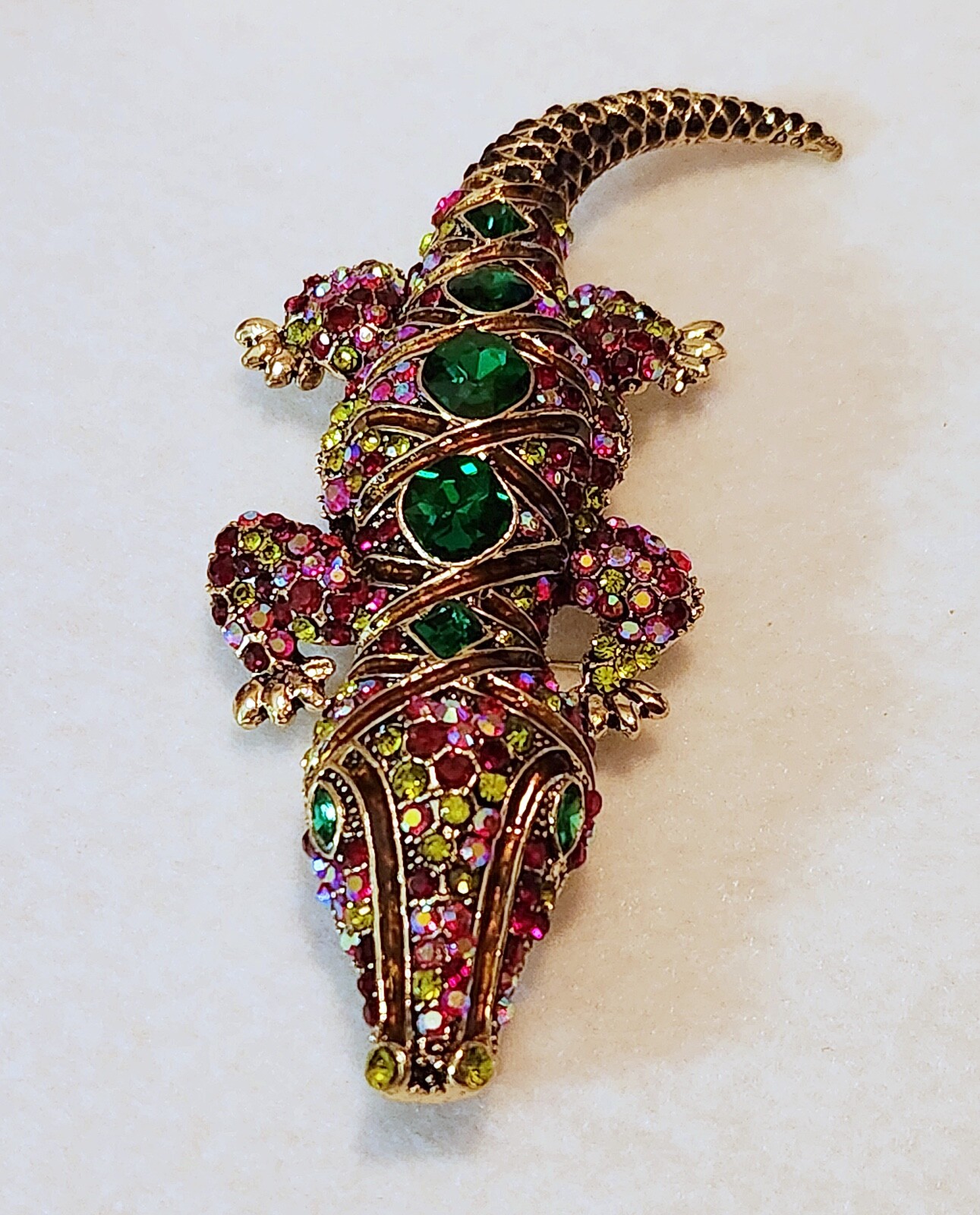 Giant & BEAUTIFUL RHINESTONE & ENAMEL Alligator /Crocodile BROOCH PIN 5.5″ x 2″