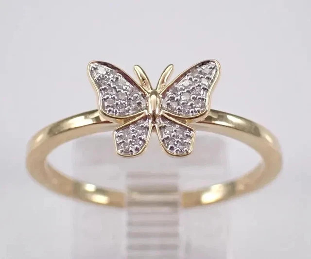 1.1Ct Round Cut Real Moissanite Butterfly Engagement Ring 14K Yellow Gold Plated