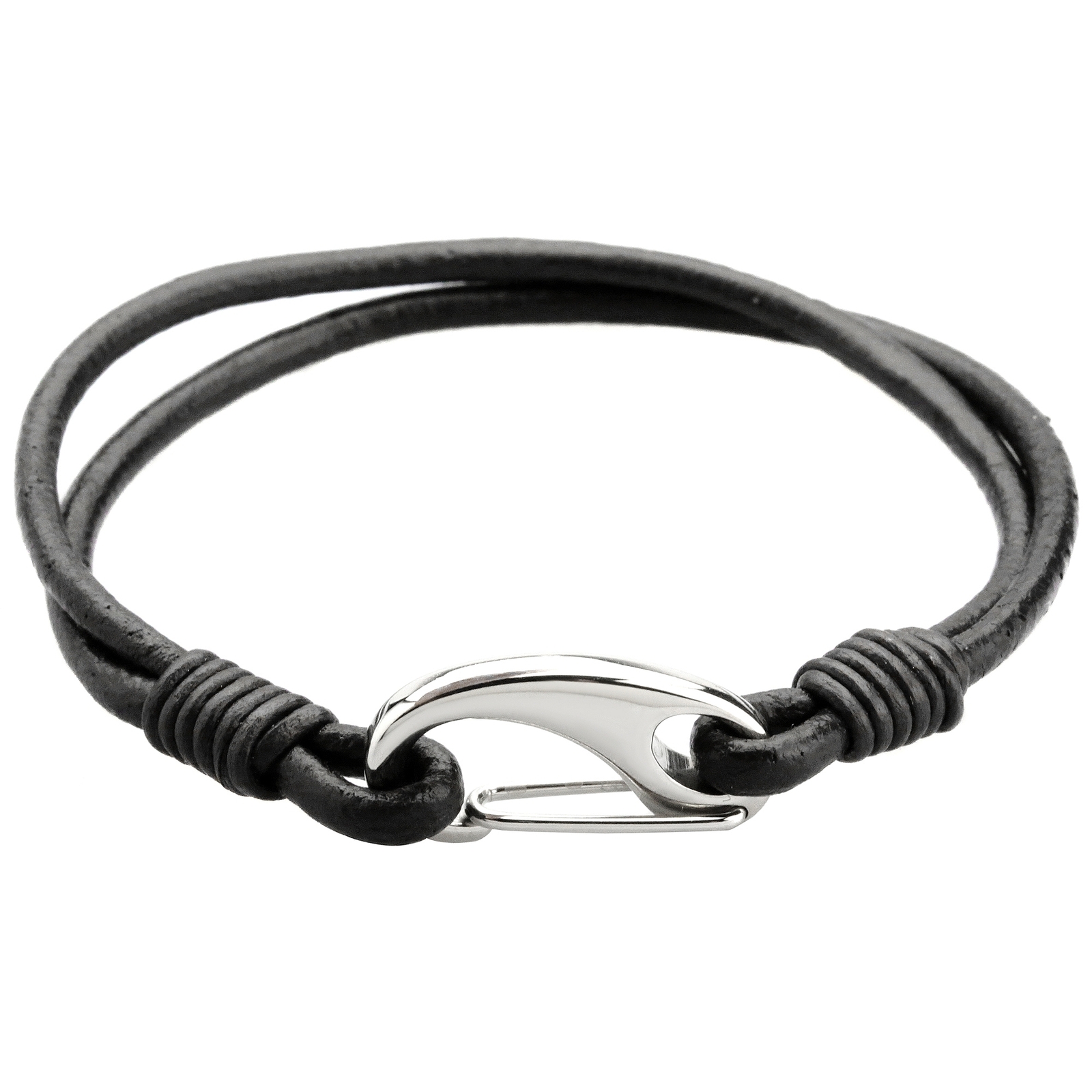 Black Genuine Leather Bracelet Stainless Steel Lobster Clasp