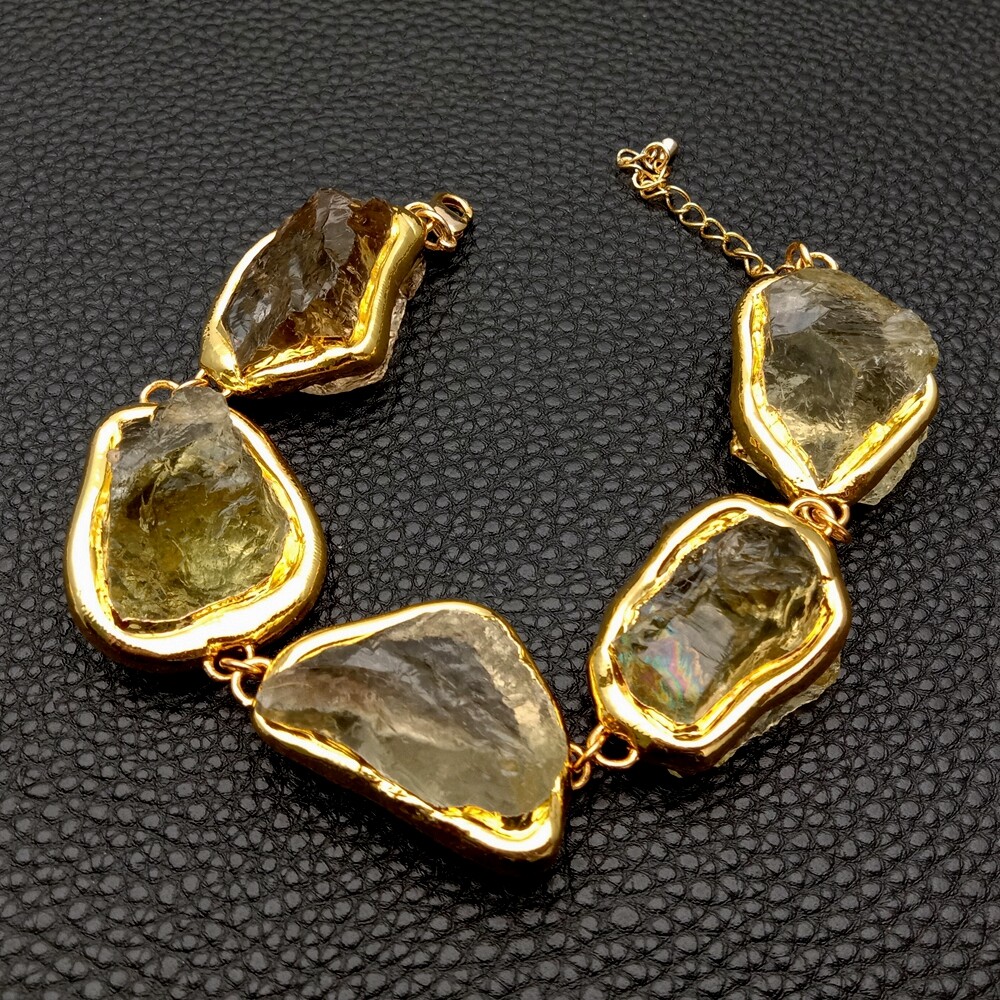 Natural Lemon Quartz Rough Raw Bracelet Gold Plated Brushed Bead Semi Precious