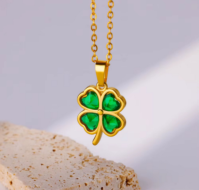Four Leaf Clover Necklace Green Zircon Gems Gold Colored Chain New