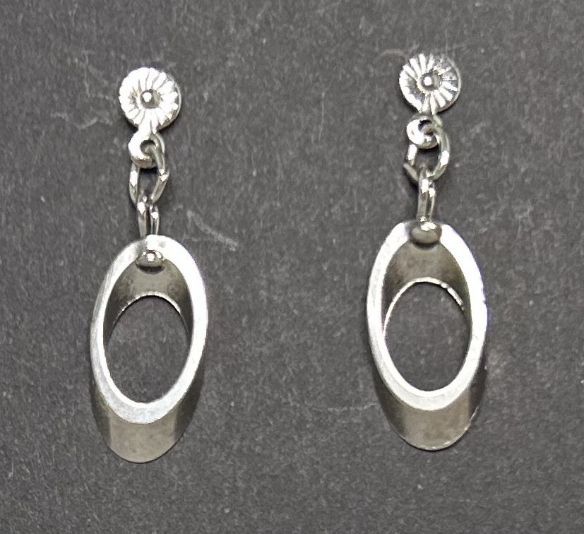 Silver Tone Open Oval Dangle Drop Pierced Earrings