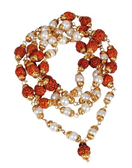 Generic Rudraksh Pearl Mala/Natural Rudraksha and Pearl Mala with Gold Metal Cap