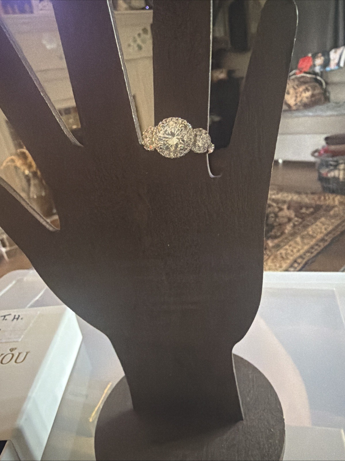 4.76Ctw Round Cut Glass Halo 3-Stone Engagement Ring White Gold Plated