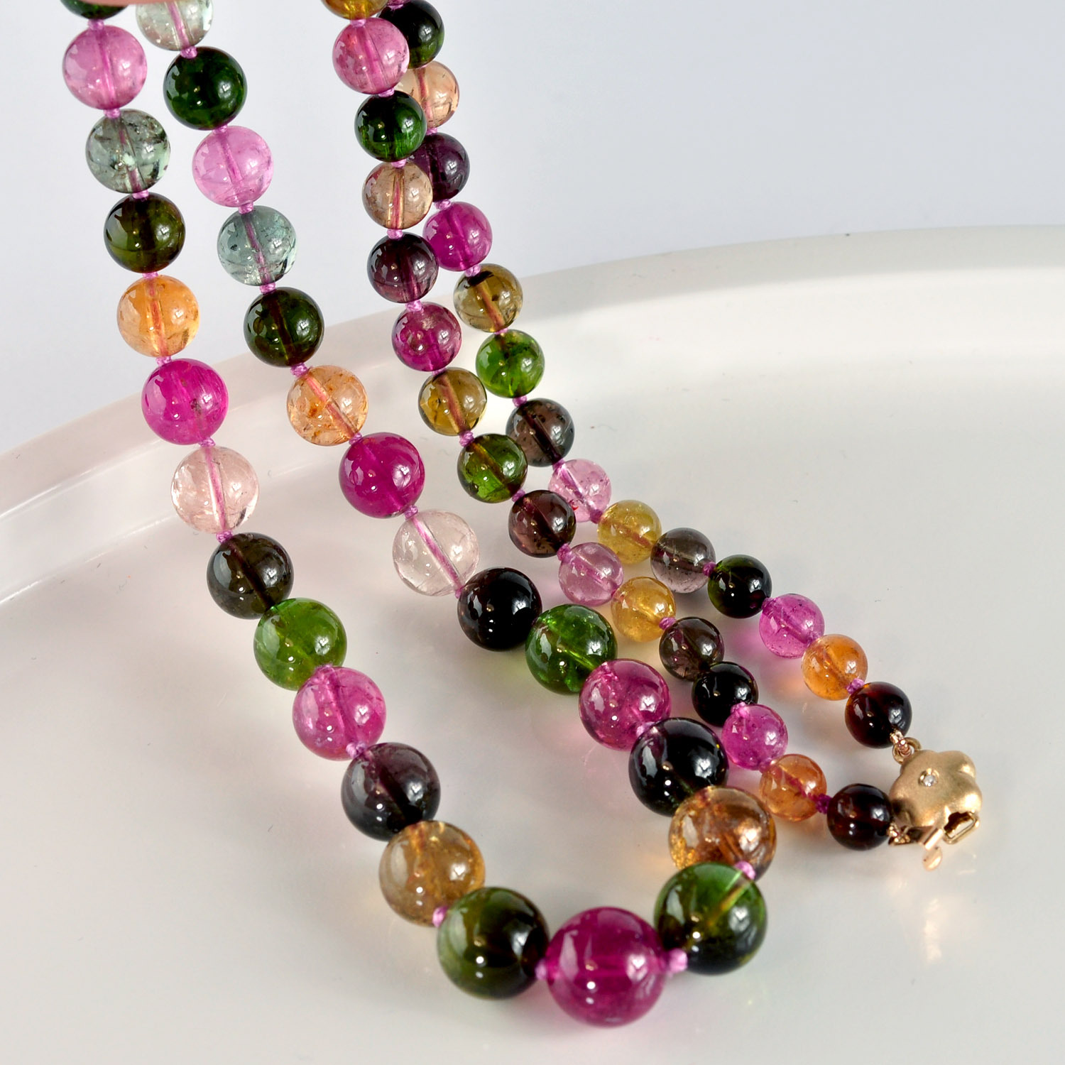 6.2mm-10.7mm Tourmaline Smooth Round Globe Bead Necklace 14K Diamond clasp