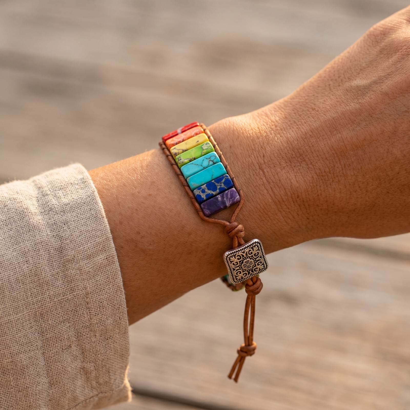 Chakra Rainbow Stone Beaded Leather Wrap Bracelet Boho Healing Jewelry For Women